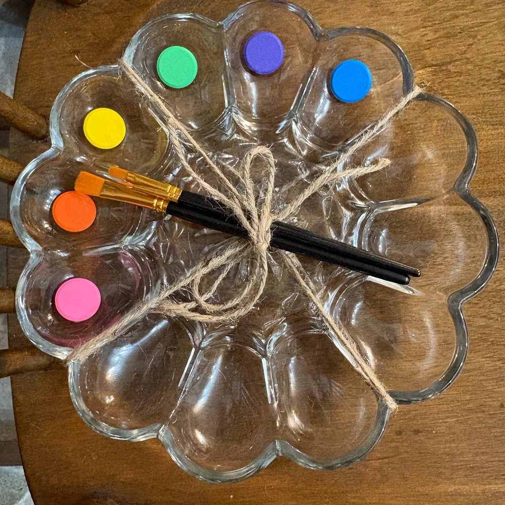 Vintage Repurposed Watercolour Paint Palette Glass Egg Plate Tray With Brushes